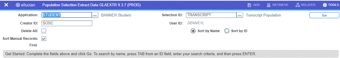 Population Selection Extract Data Page (GLAEXTR) Key Section Population Selection Extract Data Page (GLAEXTR) Key Section